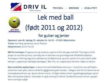Oppstart lek med ball 15. oktober for alle født 2011 og 2012